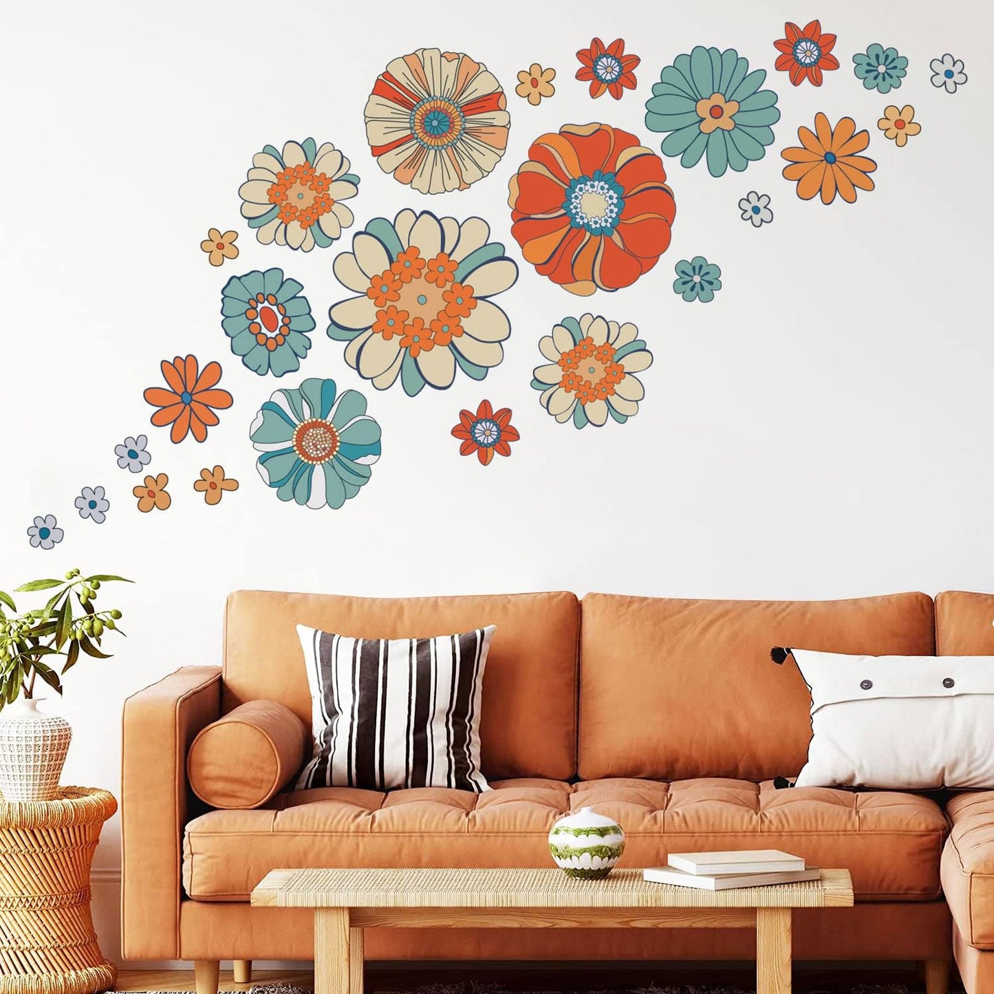 Supzone Boho Retro Floral Wall Decals Large Vintage Flower Wall Stickers Colorful Hippie Flower Wall Art Stickers for Bedroom, Living Room, Offices, Sofa, TV Backdrop Decoration