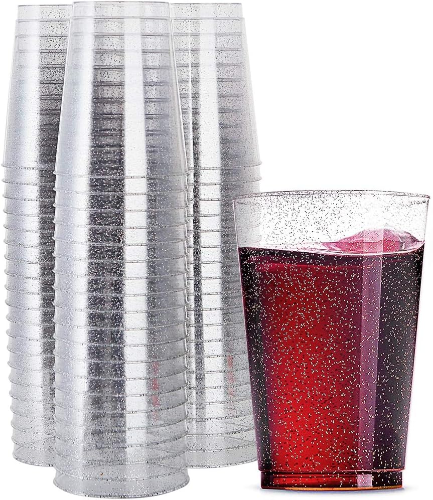WDF 100 PACK Silver Glitter Plastic Disposable Cups - 12 Oz, BPA-Free, Heavy Duty, Ideal for Christmas Parties, Weddings, Daily Use