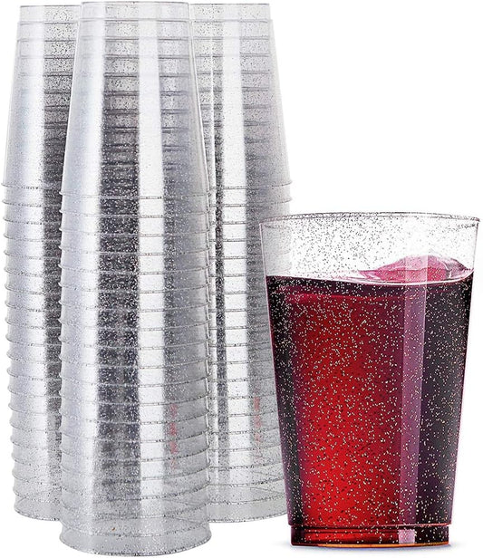 WDF 100 PACK Silver Glitter Plastic Disposable Cups - 12 Oz, BPA-Free, Heavy Duty, Ideal for Christmas Parties, Weddings, Daily Use