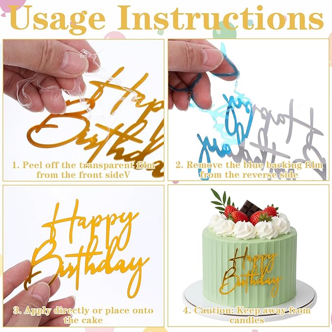 6 Pcs Happy Birthday Cake Toppers,6 Styles Gold Acrylic Happy Birthday Cake Topper Mirror Acrylic Birthdays Sign for Cakes Side Decoration Cakes Party Decorating Supplies