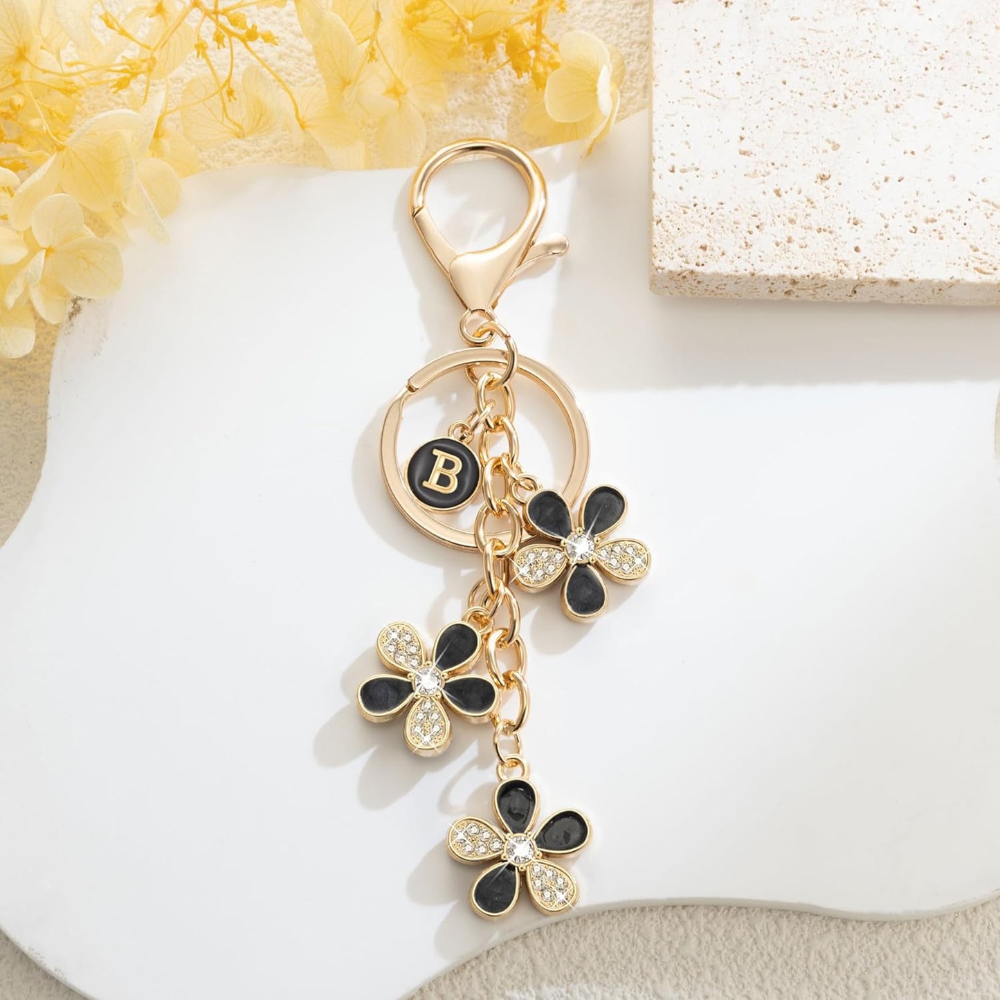 XGALBLA Cute Flower Crystals Rhinestone Initial Letter Keychain for Women, Bag Charms Bling Sparkly Enameled Keychain Handbag