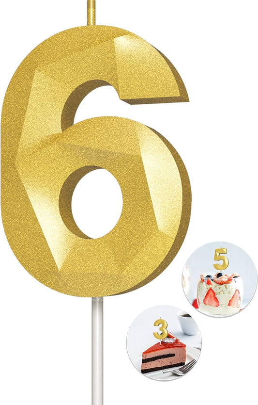 Number Birthday Candles(6 Candle Gold) 3D Diamond Shape Number Happy Birthday Cake Candles for Birthday Party Wedding Decoration Reunions Theme Party