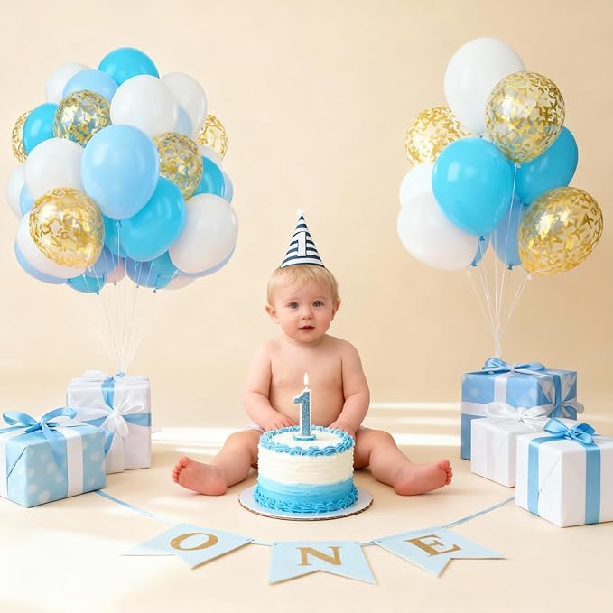 Blue and White Balloons - 60PCS 12 Inch Pearl White,Baby Blue,Linght Blue,Gold Confetti Balloons for Wedding, Birthday, Baby Shower Party Decor