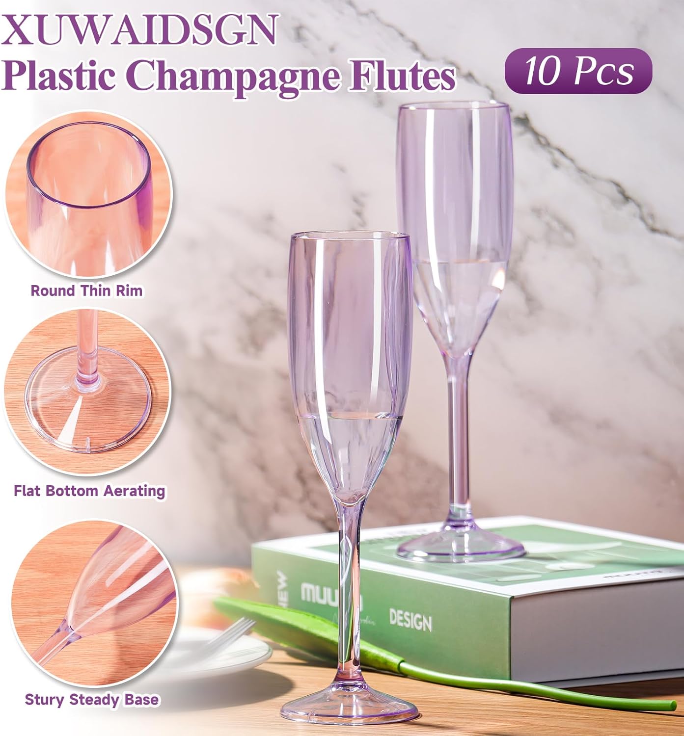 XUWAIDSGN 10 Pcs Champagne Flutes Plastic Wine Glasses Bulk Vintage Champagne Flutes Mimosa Bar Glasses Stemmed Drinking Cups 5.4OZ for Christmas Birthday Wedding Bride (10, Clear purple)