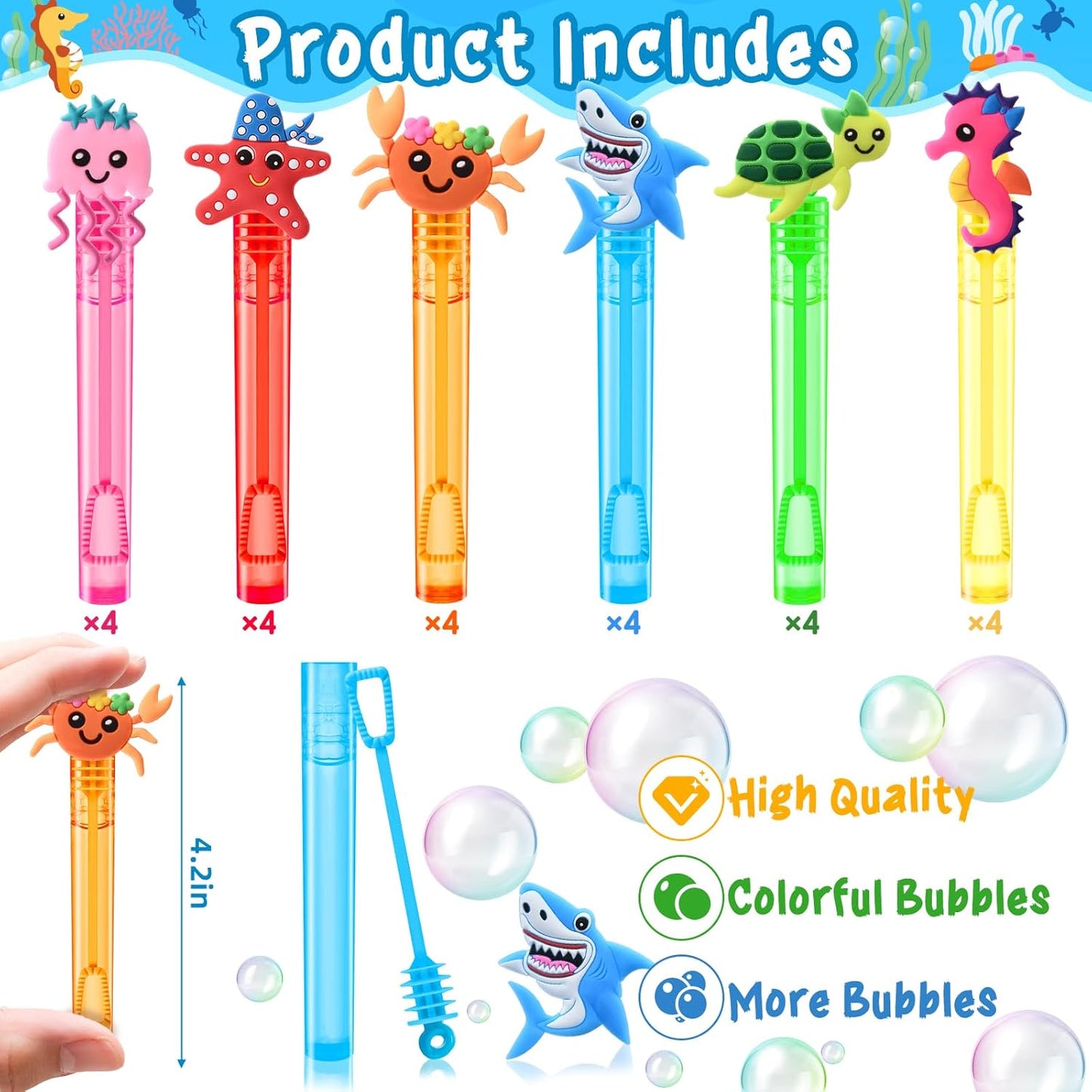 Winrayk Under the Sea Party Favors, 24Pcs Ocean Animal Mini Bubble Wands for Kids Bubbles Bulk with Detachable Topper (6 Styles & Colors), Summer Pool Beach Birthday Goody Bag Stuffer Classroom Prizes
