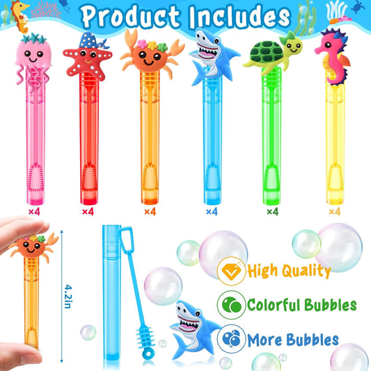 Winrayk Under the Sea Party Favors, 24Pcs Ocean Animal Mini Bubble Wands for Kids Bubbles Bulk with Detachable Topper (6 Styles & Colors), Summer Pool Beach Birthday Goody Bag Stuffer Classroom Prizes