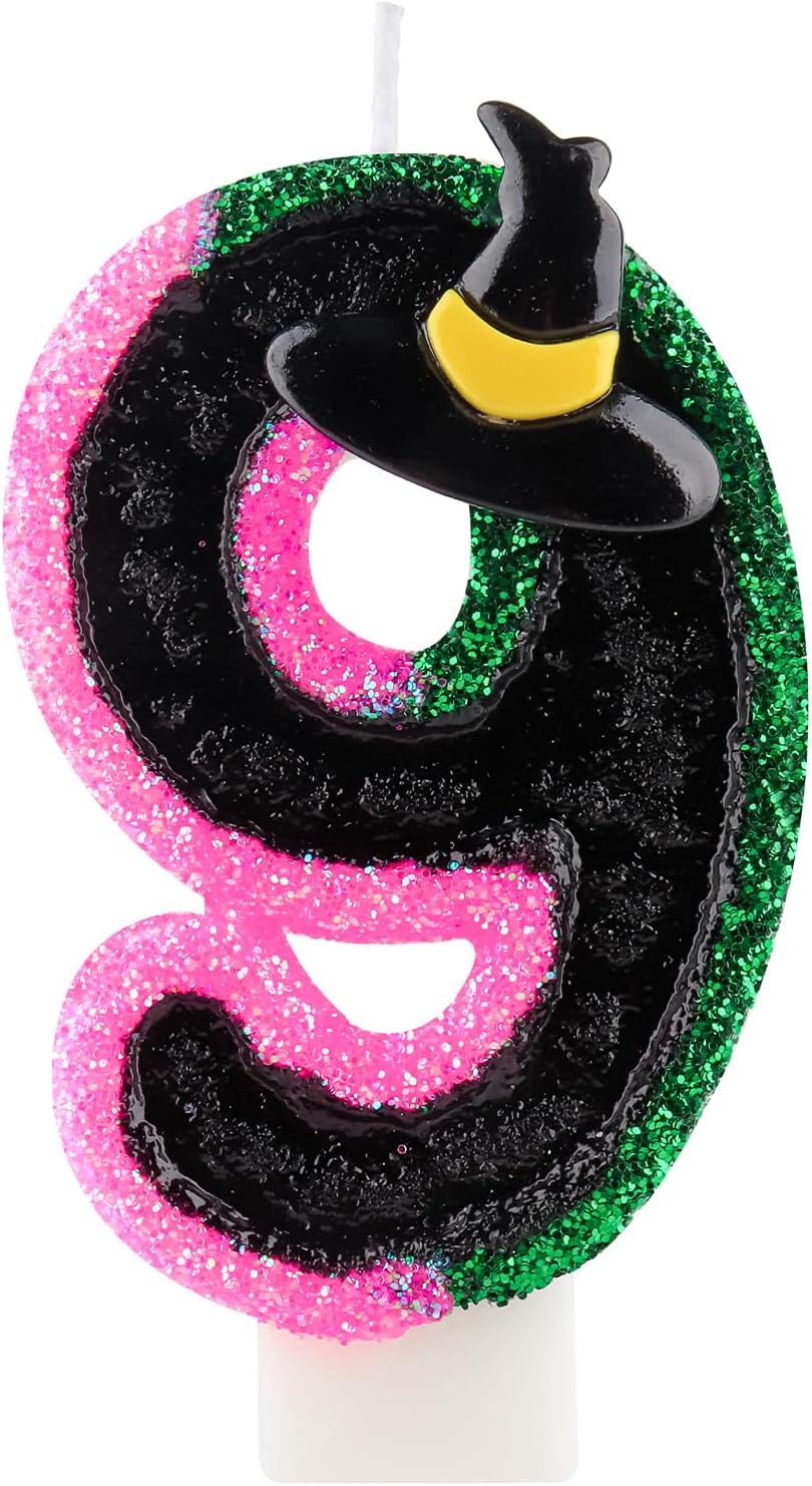 Pink Green Birthday Number 9 Candles for Cake, Pink Green Black Party Decorations, Witch Birthday Decorations for Girls