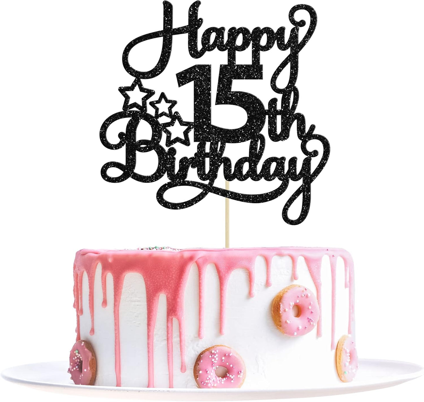 1 Pack Happy 15th Birthday Cake Topper Black Glitter Mis Quince 15 Cheers to 15 Years Old Birthday Cake Pick for Celebrating 15th Birthday Anniversary Party Cake Decorations Supplies