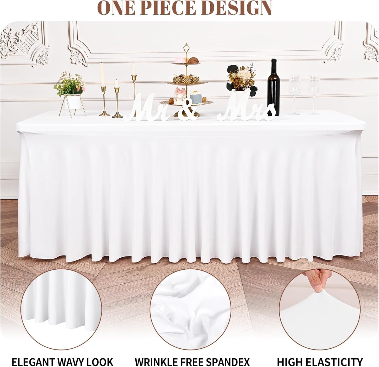 6 Packs White Stretch Table Skirts for 6 Foot Rectangle Table, Washable Spandex Stretch Tablecloths with Skirt, Wrinkle Resistant Fitted Tablecover for Wedding Party Banquet