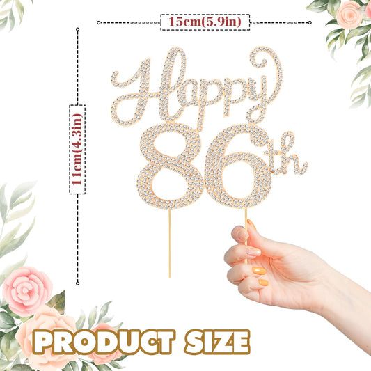 Happy 86th Birthday Decorations,86th Birthday Gold Rhinestone Cake Topper - Cheers to 86 Years Old Bday Party Metal Sparkly Cake Centerpieces Sign.