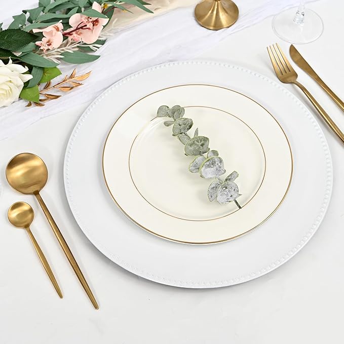50 White Dinner Plates, 13" Round Beaded Decorative Chargers for Wedding, Holiday, Baby Shower Events (White)