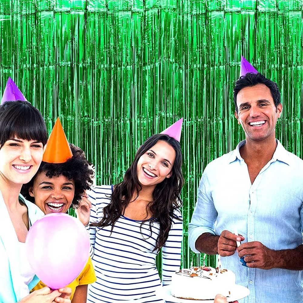 4 Pack Green Foil Fringe Curtain Backdrop, 3.28Ft x 6.56Ft Metallic Tinsel Foil Fringe Streamers Curtains for Photo Booth, Wedding, Thanksgiving, Birthday, Christmas, Halloween Party Decoration