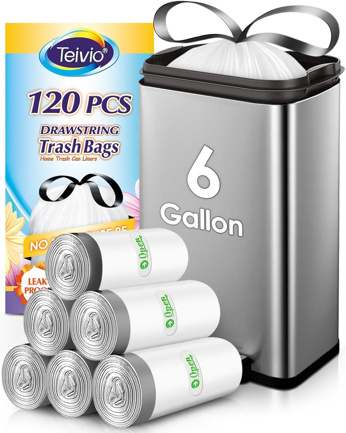6 Gallon 120pcs Strong Drawstring Trash Bags Garbage Bags by Teivio, Bathroom Trash Can Bin Liners, Plastic Bags for home office kitchen, White