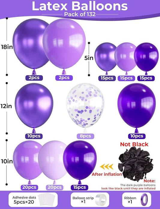 Purple Balloons Garland Arch Kit,132pcs Mothers Day Balloon Arch Kit with Different Sizes Pastel Dark Purple Metallic Purple Balloon & Confetti Balloon, for Mothers Day Decorations,Wedding,Birthday