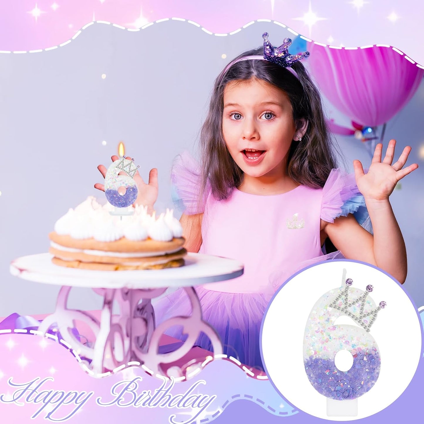 Purple White Number 6 Candle, Glitter Crown Cake Topper, Princess Birthday Party Decorations for Girls and Women Anniversary Celebrations Party Favors