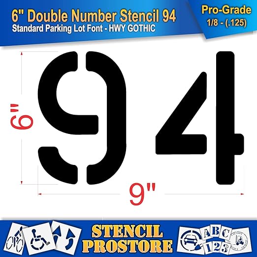 Pavement, Curb, and WheelStop Stencils - 6 inch Double Number Stencil - (94) - 6" x 9" x 1/8" (128 mil) - Pro-Grade