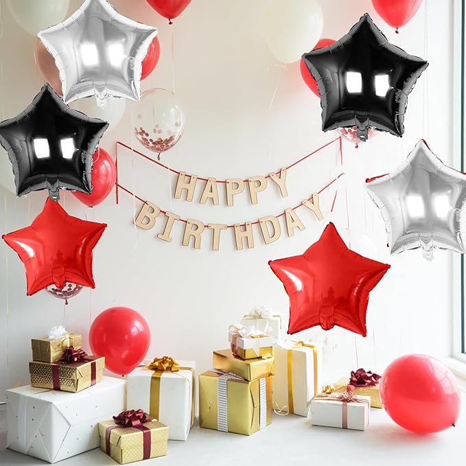 Red Black Silver Star Foil Balloons, 10PCS Foil Stars Shape Balloon, 18 Inch Red and Black Stars Balloons for Helium Pentagram Balloon for Kids Boys Birthday, New Years, Graduation Party Decorations