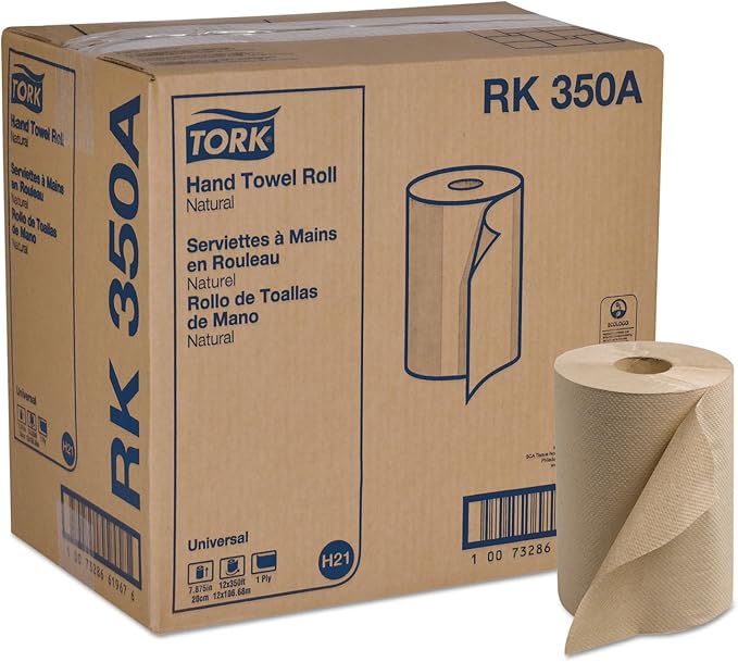 Tork Paper Hand Towel Roll Natural H21, Universal, 100% Recycled Fiber, 12 Rolls x 350 ft, RK350A