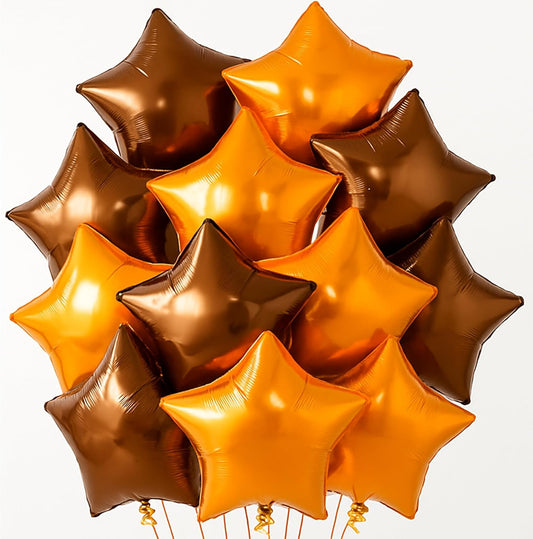 Katchon, Metallic Brown And Orange Star Foil Balloons 18 Inch - Pack of 12 | Orange Balloons for Thanksgiving Decorations, Thanksgiving Foil Balloons, Bachelorette Party Decor, Baby Shower Decorations