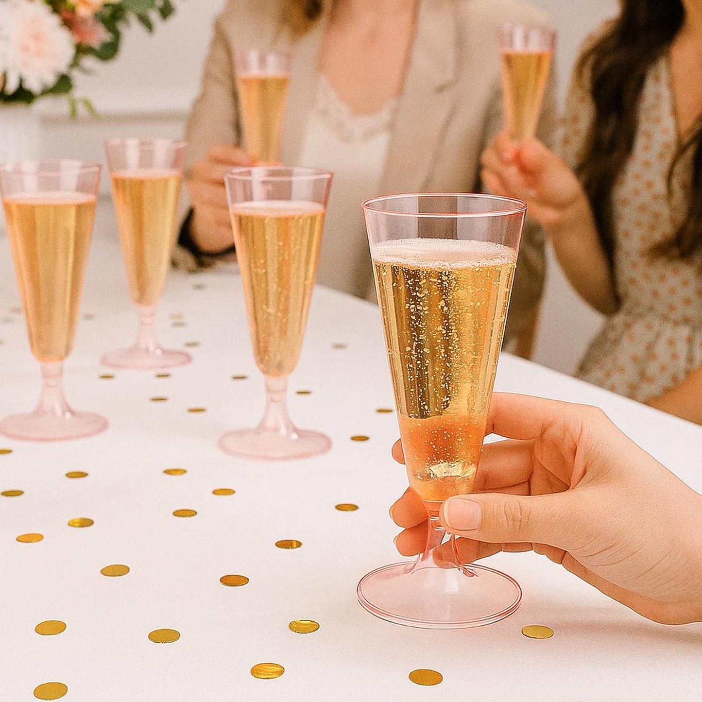 100 Pack Pink Clear Plastic Champagne Flutes, 5 Oz Disposable Champagne Glasses, Unbreakable Acrylic Mimosa Glasses Wedding Cocktail Cups for Engagement Birthday Graduation Party Decorations Supplies