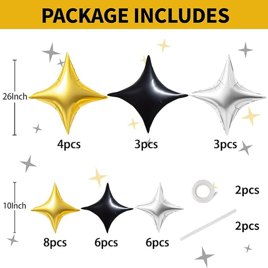 TONIFUL 30Pcs 26In&10In Star Balloons Gold Silver Black Four Pointed Foil Mini Star Mylar Balloons for Birthday Wedding Baby Shower Anniversary Engagement Party Decor Supplies