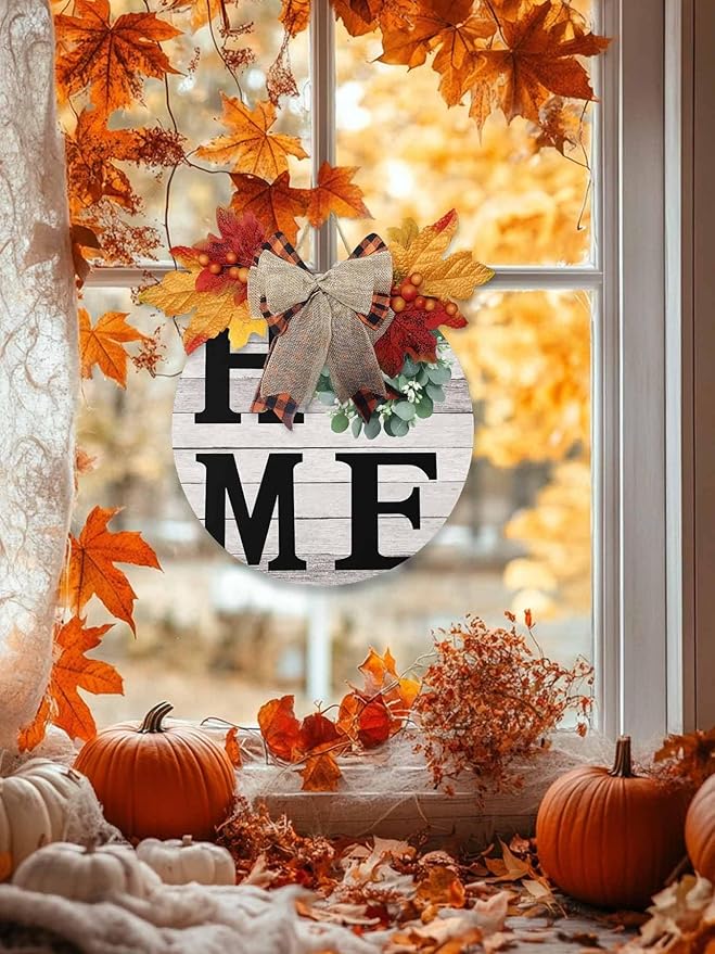 Eucalyptus Leaves Welcome Sign for Front Door, Home Garland Vintage Wood Grain Round Wooden Hanging Sign Housewarming Gift for Fall Home Outdoor Indoor, Front Porch Decor Wreath 12inch