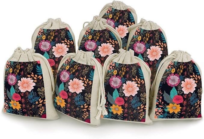 Colorful Boho Floral Drawstring Bag 8 Pcs Reusable Gift Bags Jewelry Pouch Christmas Gifts Candy Bags Portable Bunches Pocket For Party Favors Wrapping