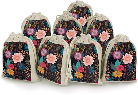 Colorful Boho Floral Drawstring Bag 8 Pcs Reusable Gift Bags Jewelry Pouch Christmas Gifts Candy Bags Portable Bunches Pocket For Party Favors Wrapping