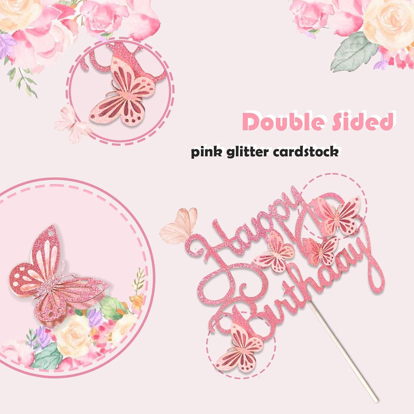 13-Pieces Pink Butterfly Cake Toppers 3D Butterfly Cupcake Topper for Girls Women's Happy Birthday Cake Topper Butterfly Birthday Cake Decorations Butterfly Party Decorations (Pink)