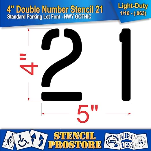 Pavement, Curb, and WheelStop Stencils - 4 inch Double Number Stencil - (21) - 4" x 4" x 1/16" (63 mil) - Light-Duty