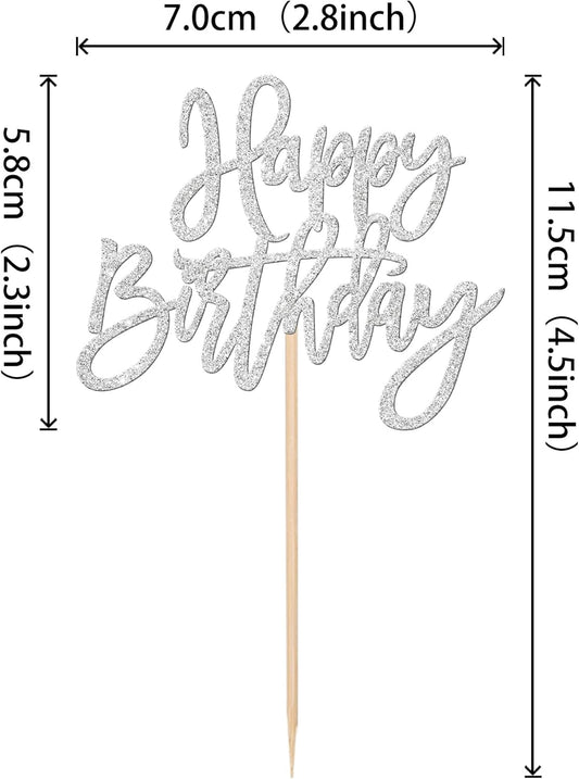 24 PCS Glitter Cupcake Toppers - Silver Happy Birthday & Anniversary Picks