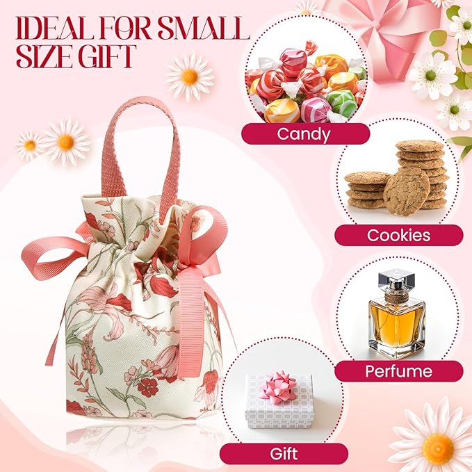 Liobelon 8 Pieces Floral Mini Gift Bags with Handles 14x9.5x6cm/5.5x3.7x2.3inch Canvas Small Candy Bag Tea Party Favor Bags for Party, Wedding, Bridal Shower, Valentine's Day, Mother's Day