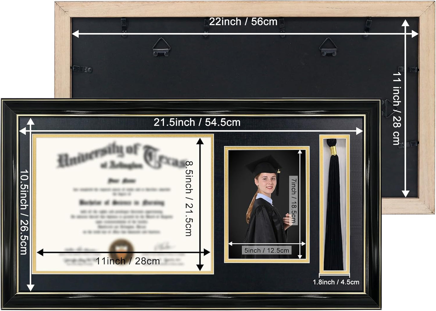 GraduationMall 11x22 Black Diploma Frame with Tassel Holder and Picture for 8.5x11 Certificate 5x7 Photo,Tempered Glass,Black over Gold Mat