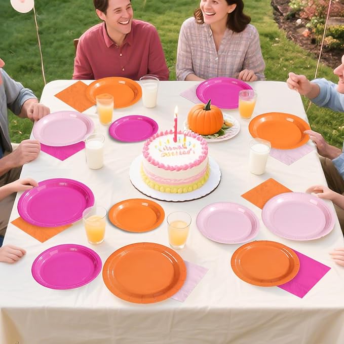 Grencian Pink and Orange Party Decorations Supplies - 96Pcs Solid Color Paper Plates and Napkins Neon Disposable Hot Pink Orange Tableware Sets for Sunset Theme Birthday Party Decorations Serves 24
