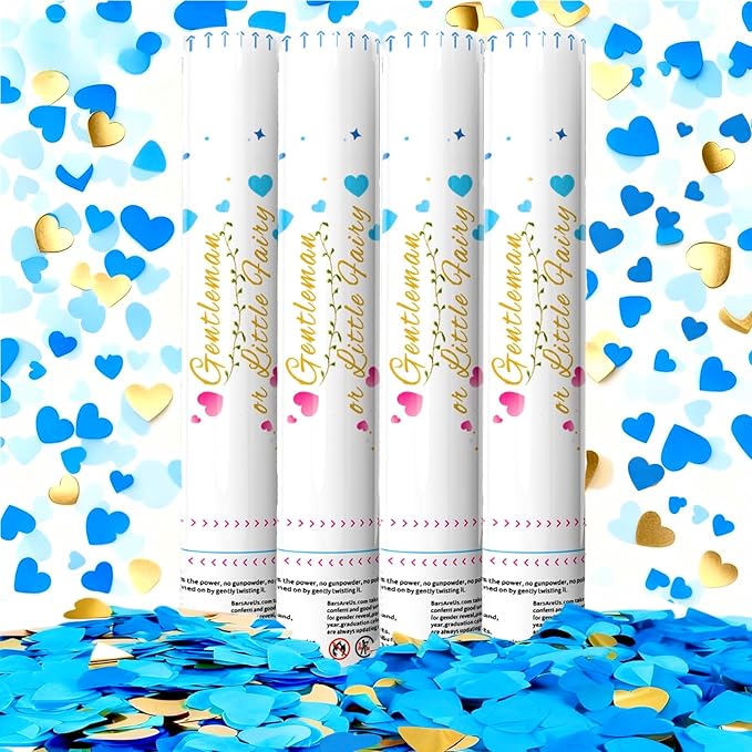 Gender Reveal Confetti Cannon,4 Blue Paper Connon Safty Party Poppers Shoots 20-25ft,12 inch Upgrade Firmware Maternity Shoots Baby Shower Gender Reveal Party Supplies Maternity Shoots