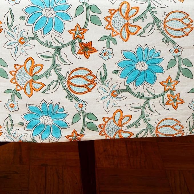 Block Print Cotton Dining Table Cloth, 90" x 60", Rectangle Tablecloth, Decorative Fabric Table Cover, Holidays, Thanksgiving, Christmas, Weddings, Housewarming Gift (Orange Turquoise Blue Lotus)