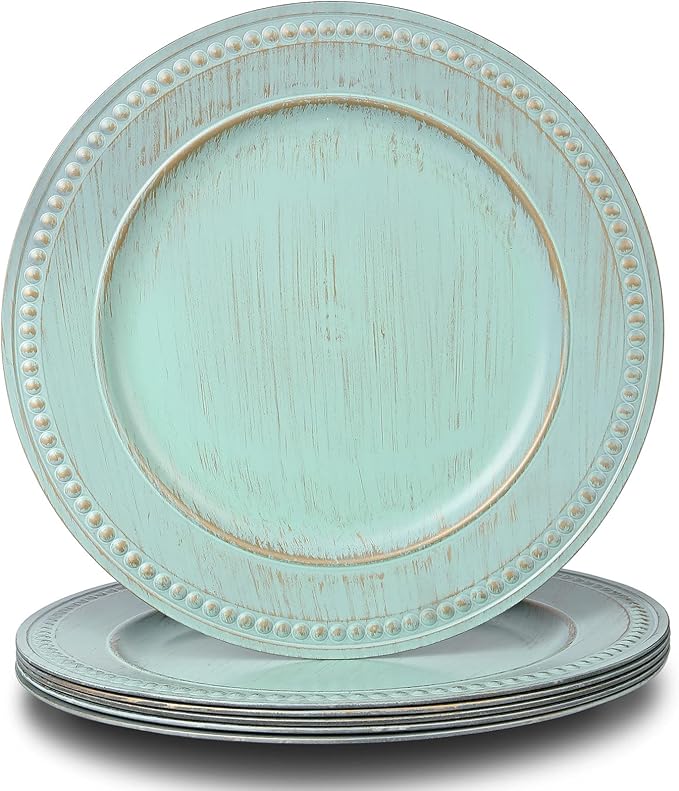 13" Vintage Charger Plates, Turquoise Beaded Chargers for Dinner Plates Set of 6, Reusable Decorative Charger Plate Set Bulk Wedding, Suitable for Easter, Anniversaries, Valentine's Day, Baby Shower