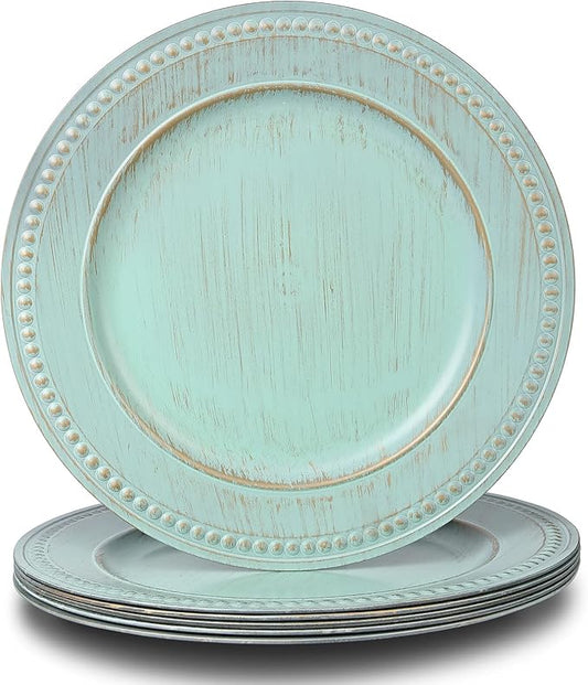 13" Vintage Charger Plates, Turquoise Beaded Chargers for Dinner Plates Set of 6, Reusable Decorative Charger Plate Set Bulk Wedding, Suitable for Easter, Anniversaries, Valentine's Day, Baby Shower