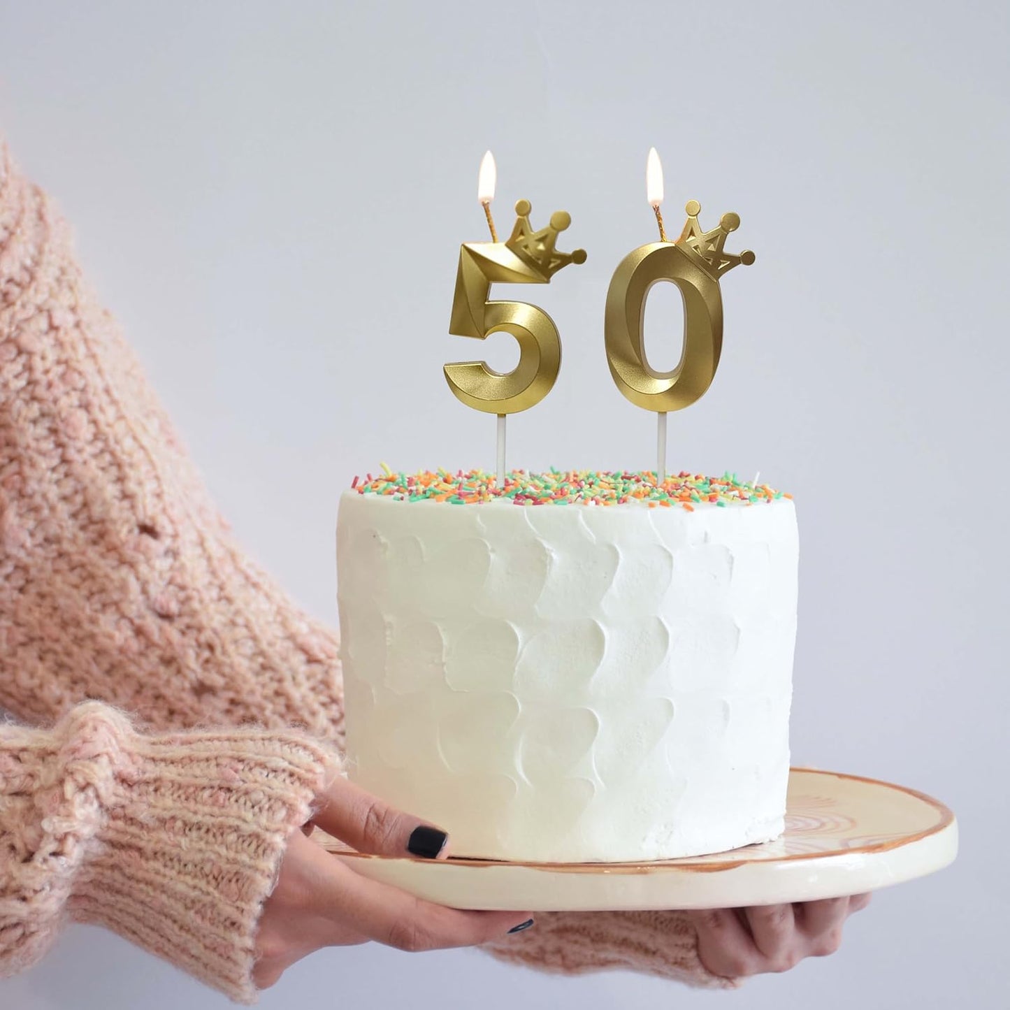 The Number 50 Gold Birthday Candles for Cake is Beautiful Number Candles for 50th Birthday Decorations for Man and Women (Gold-50, Crown)