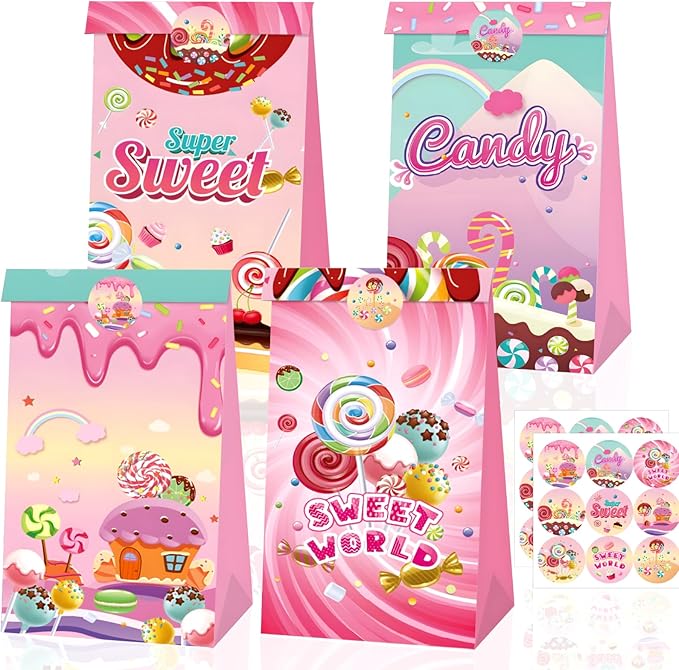12Pcs Candy Sweet Land Goodie Bags with Stickers Lollipop Gift Bags Candyland Themed Party Favors Goody Treat Bag for Birthday,Baby Shower,Weddings,Guraduations Candy Shop Theme Party Supplies Decor