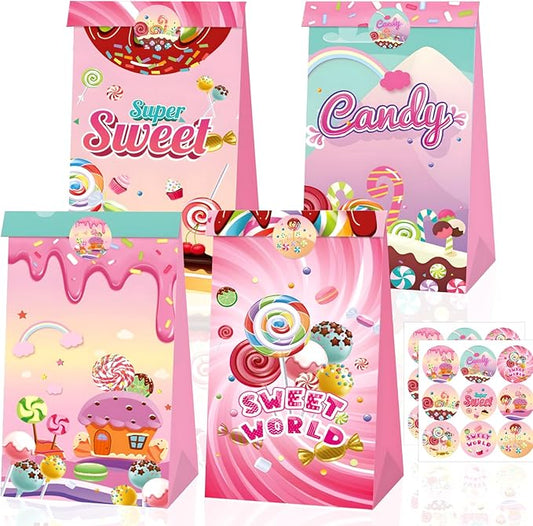 12Pcs Candy Sweet Land Goodie Bags with Stickers Lollipop Gift Bags Candyland Themed Party Favors Goody Treat Bag for Birthday,Baby Shower,Weddings,Guraduations Candy Shop Theme Party Supplies Decor