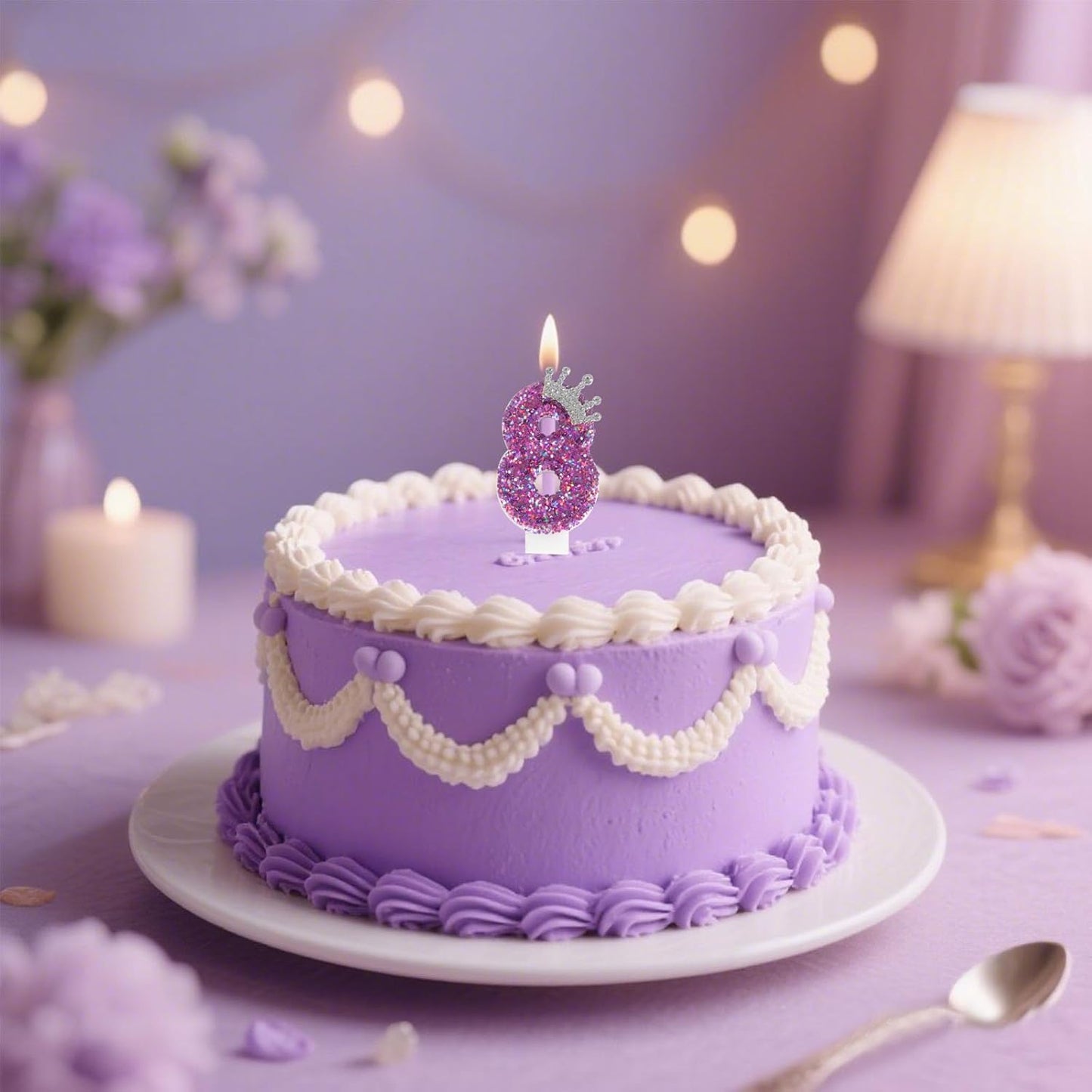 Ceya Number 8 Birthday Candles,Purple Crown Candle for Cake, Sparkling Number Glitter Candle 3.14inch Cake Topper,8st Birthday Decorations for Girl Women Reunions Anniversary Party Supplies