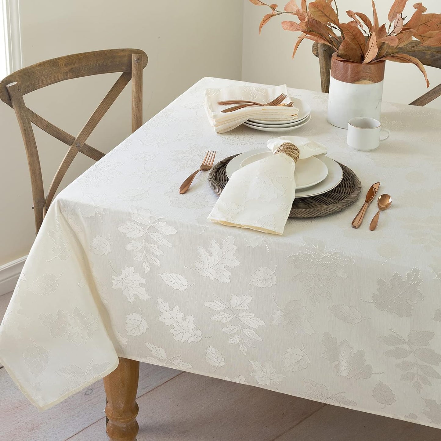 Benson Mills Harvest Legacy Damask Fabric Table Cloth Fall, Harvest, and Thanksgiving Tablecloth (Ivory, 60" x 104" Rectangular)