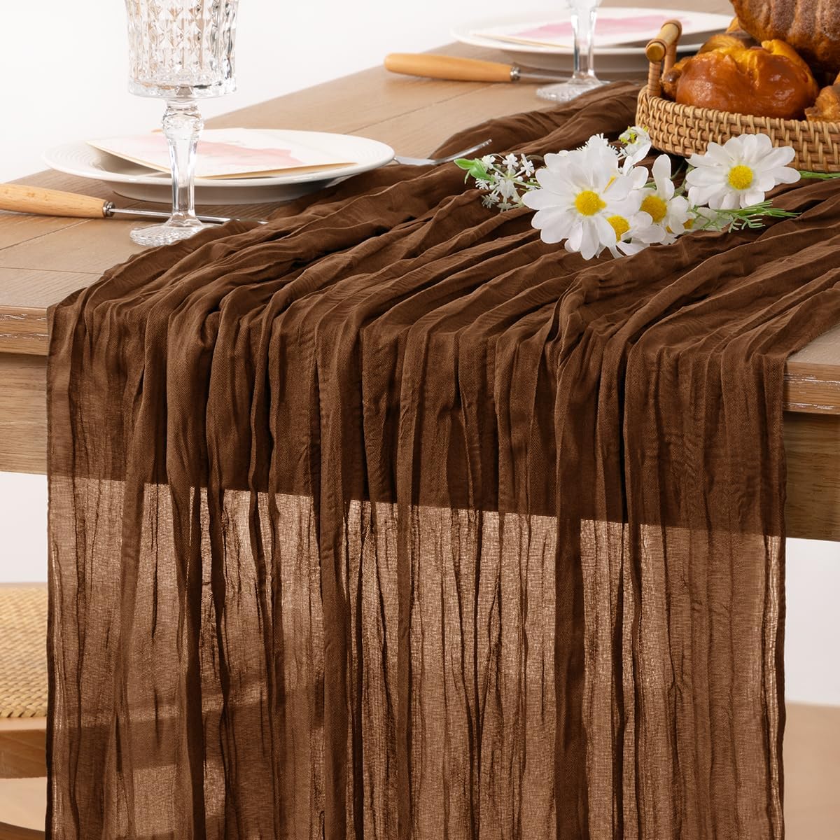 MLMC 3 Pack Brown Table Runner 10ft Boho Rustic Gauze Coffee Cheesecloth Table Runner Neutral Fall Decor 35x120 Inches for Fall Wedding Bridal Shower Reception Party Decor