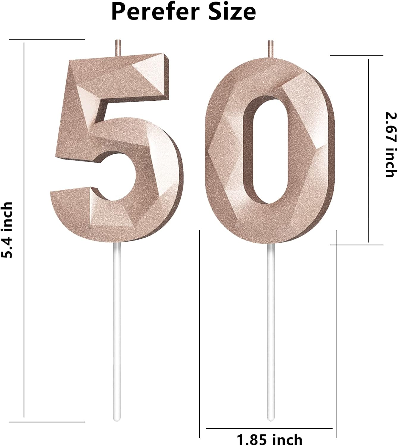 Number Birthday Candles(50 Candle Rose Gold) 3D Diamond Shape Number Happy Birthday Cake Candles for Birthday Party Wedding Decoration Reunions Theme Party
