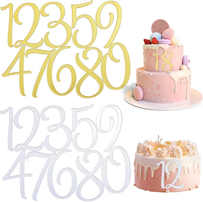 2 Sets 0~9 Numbers Happy Birthday Cake Toppers, Large Acrylic Cake Numbers Toppers, DIY Cupcake Toppers, Gold Silver Acrylic Wedding Party Cupcake Toppers, Birthday Party Supplies