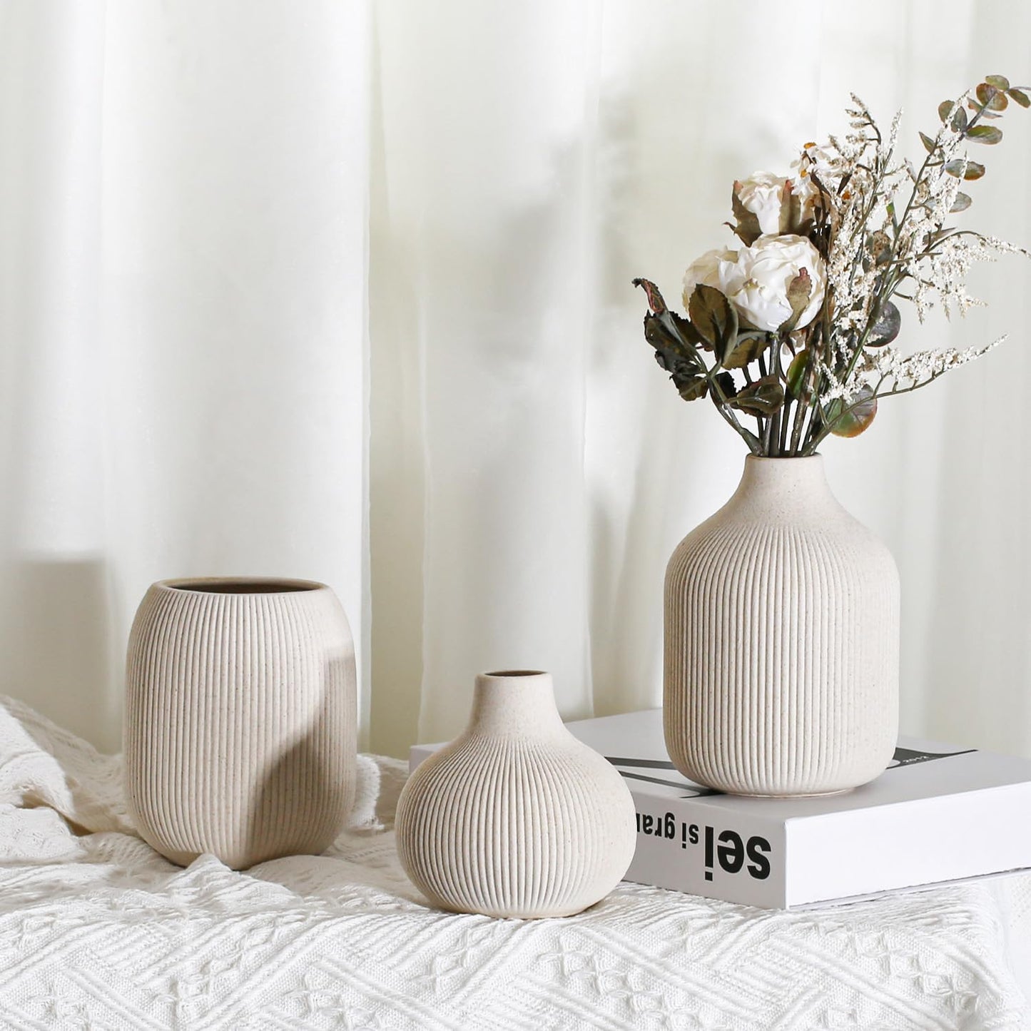 Modern Beige Ceramic Vase Set of 3, Ribbed Texture Boho Minimalist Home Decor, Small Decorative Vases for Centerpiece, Shelf, Tabletop - Aesthetic Touch for Neutral & Transitional Spaces