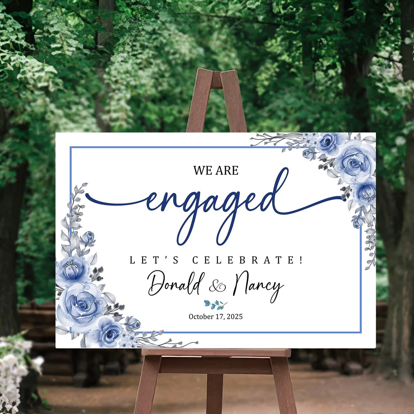 Engagement Party Welcome Sign, Blue Floral Engagement Picture Signs, Engagement Signs For A Party, Engagement Decorations Party, Engagement Dinner Decorations, Engagement Party Backdrop