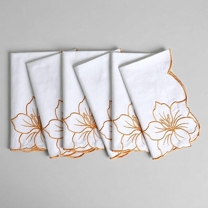 FINGERCRAFT Cloth Napkins, Everyday Use Scallop Floral Embroidery Design, Premium Quality Natural Cotton Napkin Set of 6 Perfect for Parties Dinners Weddings Easter Napkin Cloth 20x20 in White Orange