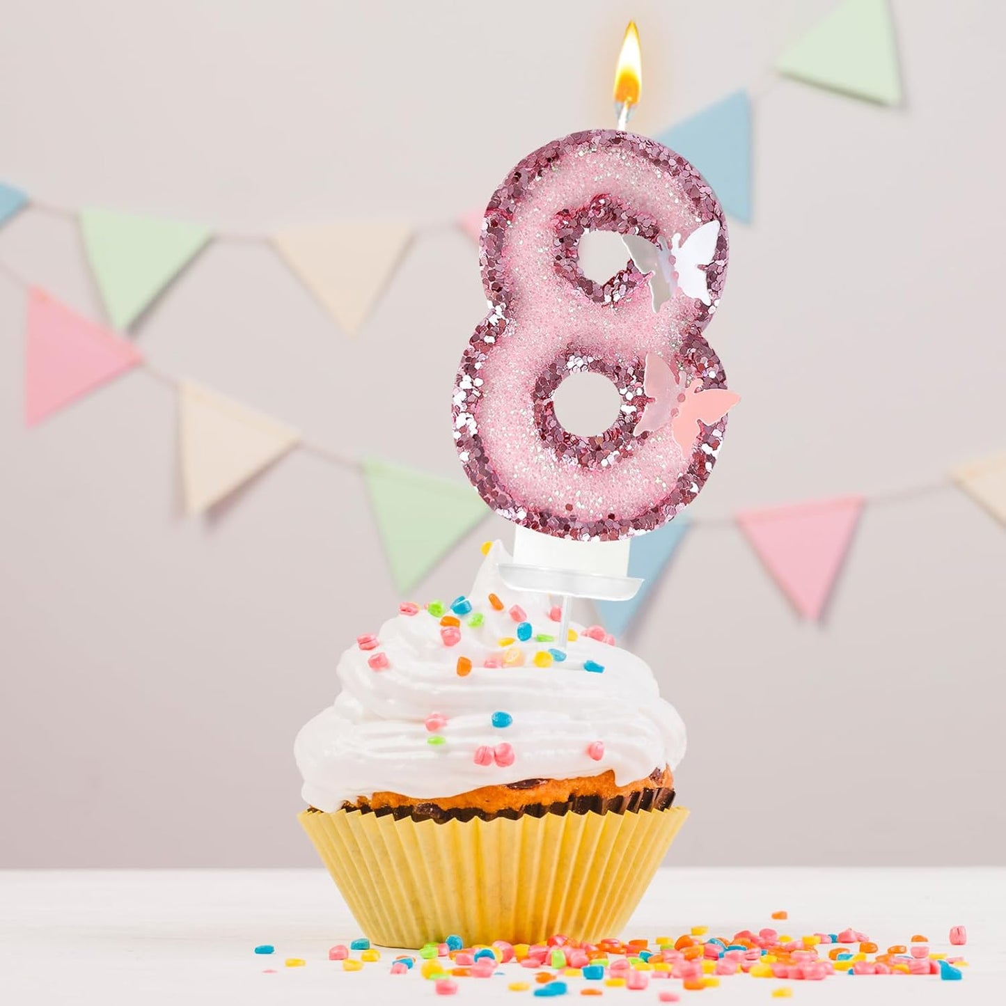 8th Birthday Candles，Glitter Butterfly Cake Toppers Pink Sequins Wedding Numeral Cupcake Decorations，Suitable for Girl and boy Wedding Cakes, Party Celebrations, Birthday Decorations